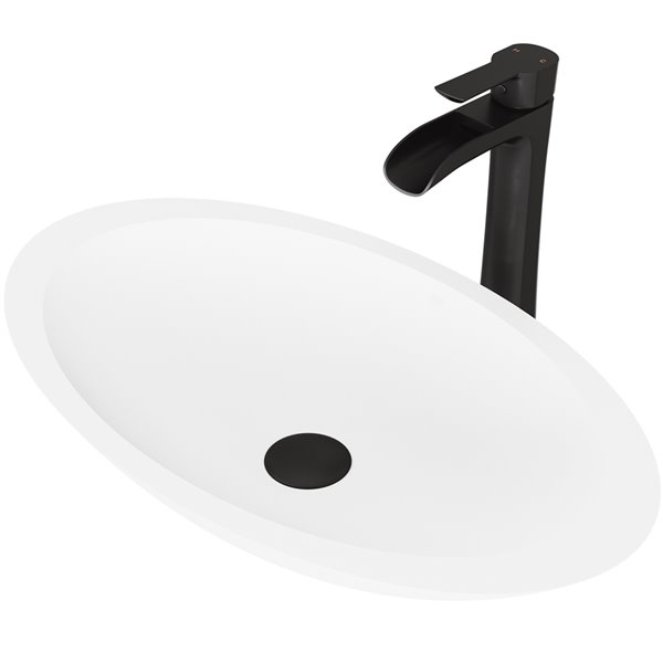 VIGO Wisteria&nbsp;14-in W x&nbsp;23-in L White Matte Stone Oval Vessel Bathroom Sink with Niko Faucet/Drain - Matte Black