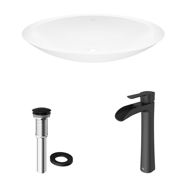 VIGO Wisteria&nbsp;14-in W x&nbsp;23-in L White Matte Stone Oval Vessel Bathroom Sink with Niko Faucet/Drain - Matte Black