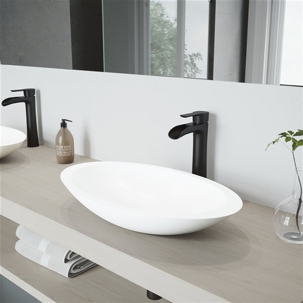 VIGO Wisteria&nbsp;14-in W x&nbsp;23-in L White Matte Stone Oval Vessel Bathroom Sink with Niko Faucet/Drain - Matte Black