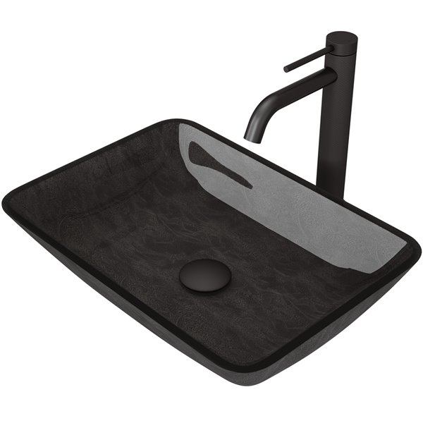 VIGO Glass&nbsp;13-in W x&nbsp;18-in L&nbsp;Onyx Rectangle Vessel Bathroom Sink with Lexington Faucet and Pop-Up Drain - Matte Black