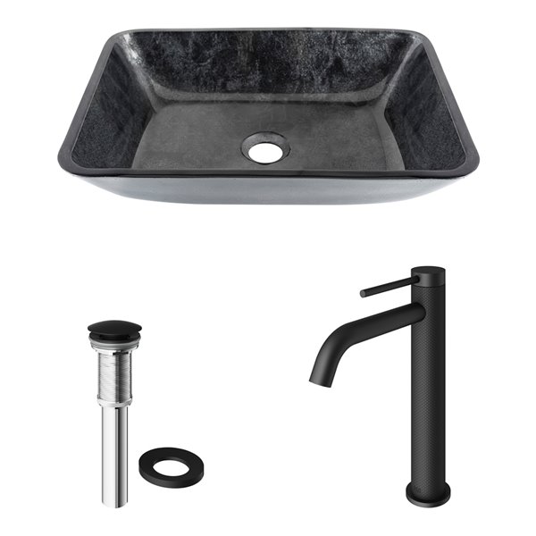 VIGO Glass&nbsp;13-in W x&nbsp;18-in L&nbsp;Onyx Rectangle Vessel Bathroom Sink with Lexington Faucet and Pop-Up Drain - Matte Black