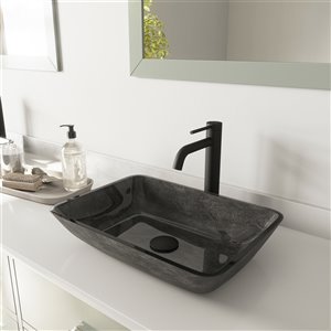 Lavabo de salle de bains gris onyx de VIGO, robinet noir mat, 13 po