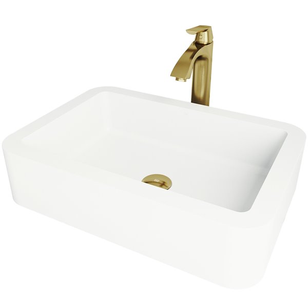 VIGO Petunia Matte White Bathroom Sink - Matte Gold Faucet
