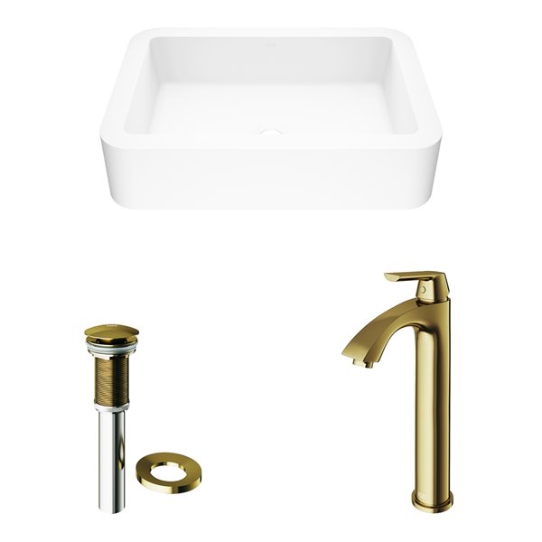 VIGO Petunia Matte White Bathroom Sink - Matte Gold Faucet