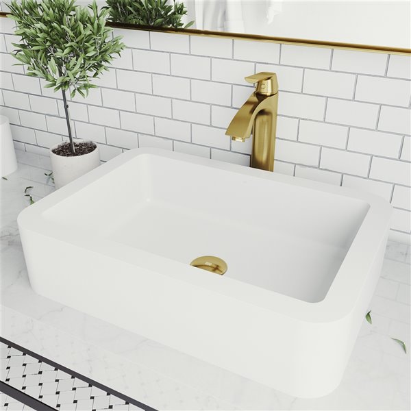 VIGO Petunia Matte White Bathroom Sink - Matte Gold Faucet