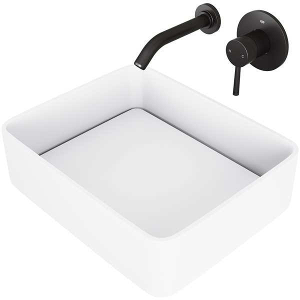 VIGO Jasmine&nbsp;15-in W x&nbsp;18-in L White Matte Stone Rectangle Vessel Bathroom Sink with Olus Faucet/Drain - Matte Black