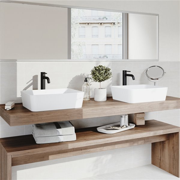 VIGO Marigold&nbsp;14-in W x&nbsp;18-in L White Matte Stone Rectangle Bathroom Vessel with Lexington Faucet/Drain - Matte Black