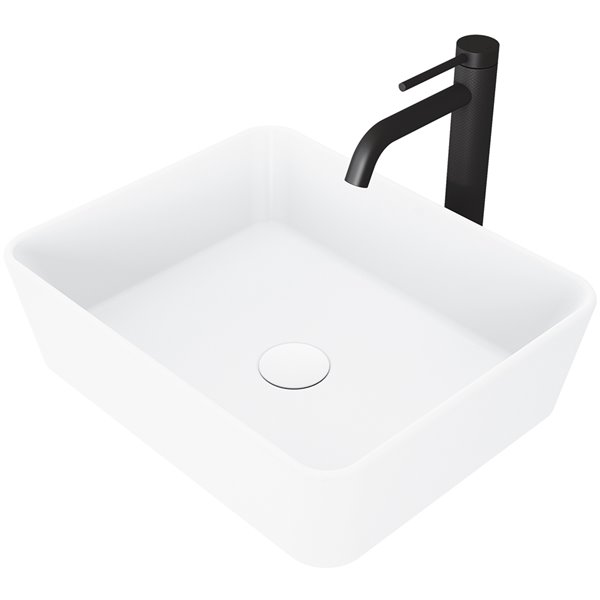 VIGO Marigold&nbsp;14-in W x&nbsp;18-in L White Matte Stone Rectangle Bathroom Vessel with Lexington Faucet/Drain - Matte Black