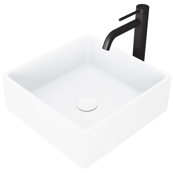 VIGO Dianthus&nbsp;15-in White Matte Stone Square Vessel Bathroom Sink with Lexington Faucet/Drain - Matte Black