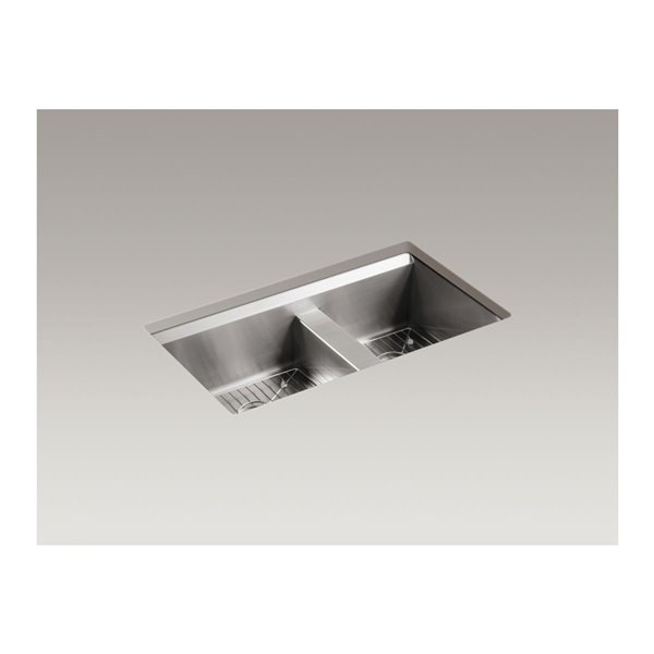 KOHLER 8 Degree Undermount Double-Bowl Large/Medium Kitchen Sink - Stainless Steel - 33-in