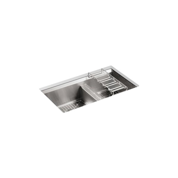 KOHLER 8 Degree Undermount Double-Bowl Large/Medium Kitchen Sink - Stainless Steel - 33-in