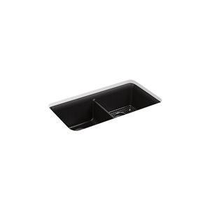 KOHLER Cairn Neoroc Undermount Double-Equal Kitchen Sink with Rack - Black Matte - 33.5-in