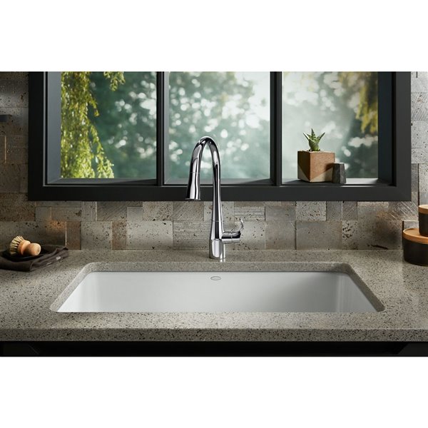 KOHLER Iron/Tones top/under-mount single-bowl kitchen sink - White - 33-in