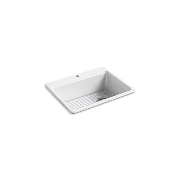 KOHLER Riverby Top-Mount Single-Bowl Kitchen Sink with Rack and Single Faucet Hole - White - 27-in