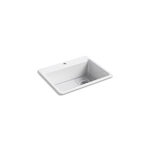 Évier de cuisine KOHLER Riverby simple avec grille, installation surface, trou unique de robinet, blanc, 27 po