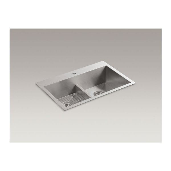 KOHLER Vault Smart Divide Kitchen Sink with Single Faucet Hole - Stainless Steel - 22-in