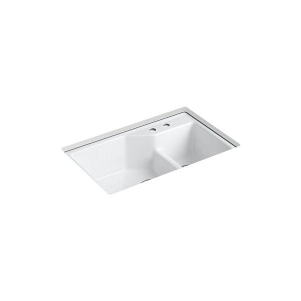 KOHLER Indio Smart Divide Under-Mount Sink with 2 Faucet Holes - Black - 33-in