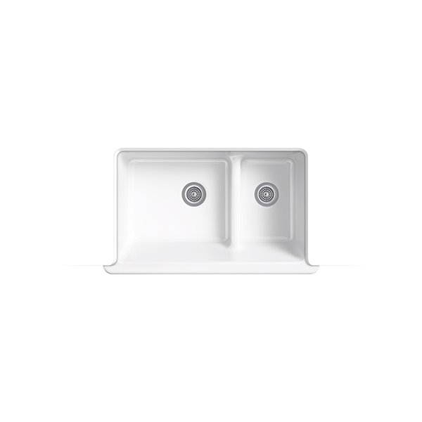 KOHLER Smart Divide Undermount Double-Bowl Large/Mmedium Farmhouse Kitchen Sink - White - 33.5-in