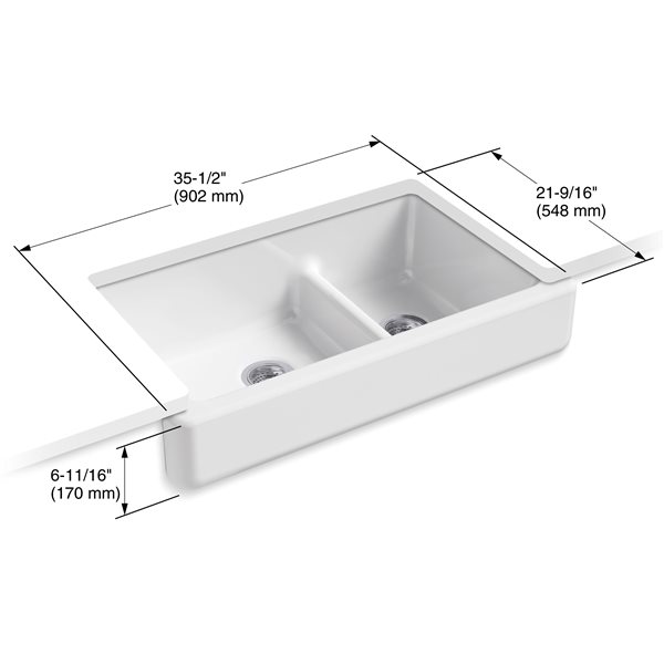 KOHLER Smart Divide Undermount Double-Bowl Large/Mmedium Farmhouse Kitchen Sink - White - 33.5-in