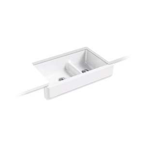 KOHLER Smart Divide Undermount Double-Bowl Large/Mmedium Farmhouse Kitchen Sink - White - 33.5-in