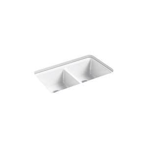 KOHLER Riverby 33-in White Undermount Double-Equal Kitchen Sink with Accessories