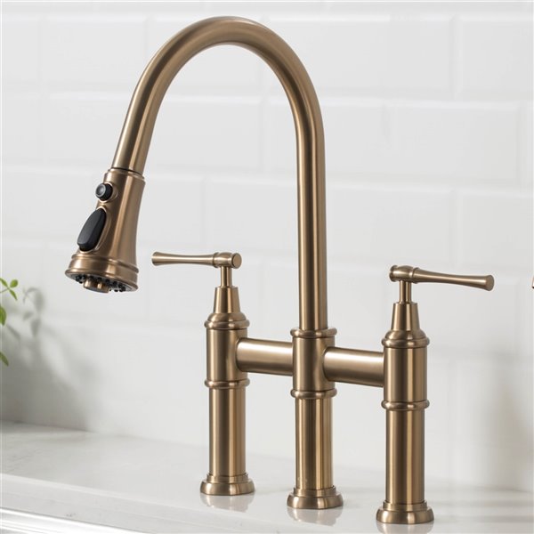 Kraus Allyn Transitional 2 Handle Deck Mount Bridge Kitchen Faucet Brushed Gold Kpf 3121bg Rona