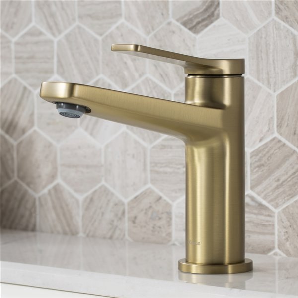 KRAUS Indy Brushed Gold Bathroom Sink Faucet and Pop Up Drain