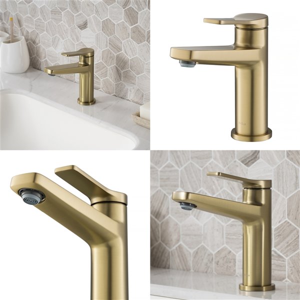 KRAUS Indy Brushed Gold Bathroom Sink Faucet and Pop Up Drain