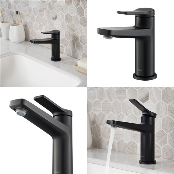 KRAUS Indy Matte Black Bathroom Sink Faucet and Pop Up Drain