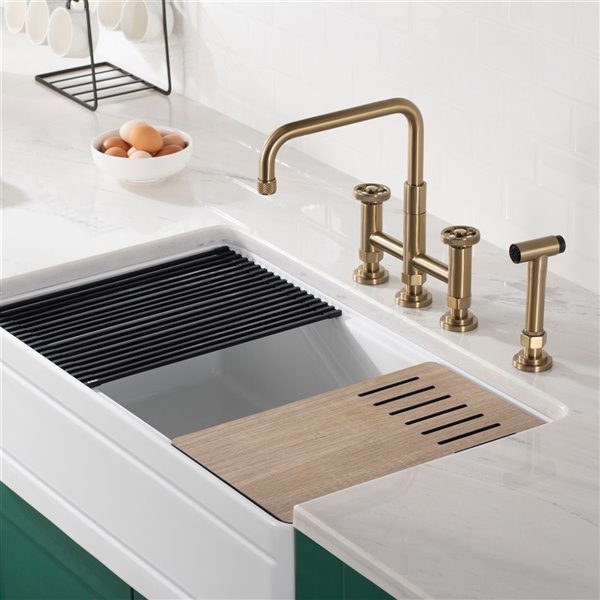 Kraus Urbix Industrial Brushed Gold 2-handle Deck Mount Bridge Kitchen Faucet