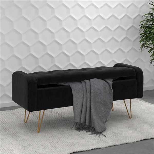 Ottomane de rangement !nspire en velours, noir et or, 15.5-in x 39.5-in