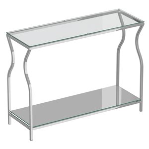 Console !nspire contemporaine en métal à deux tablettes avec verre réfléchissant, chrome, 13 po x 42 po x 30.25 po