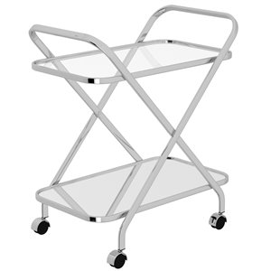 WHI Contemporary Bar Cart with 2 Tier - Chrome and Clear Glass - 26.5-in x 16.5-in