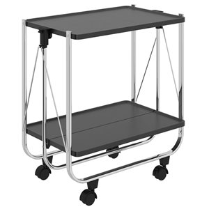 Desserte-bar WHI pliante à deux tablettes, noir et chrome, 26.5 po x 15.75 po