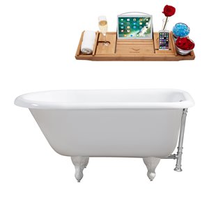 Baignoire de trempage sur pattes ovale en fonte de Streamline avec drain réversible et externe, 66 po, blanc lustré