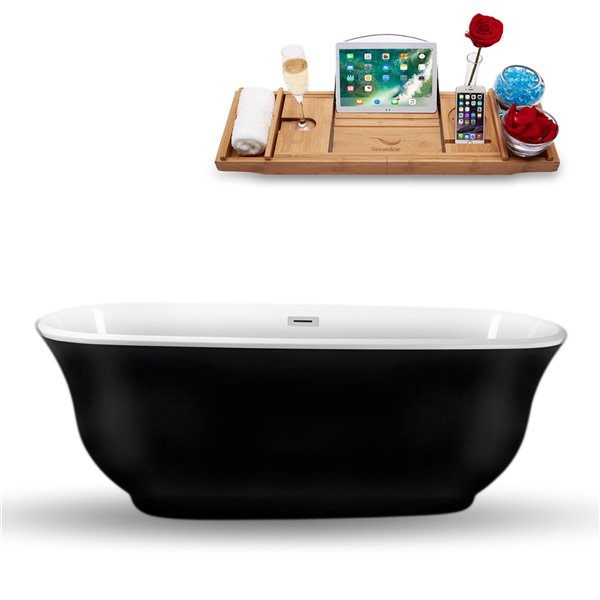 Baignoire en acrylique noir lustré Streamline de 31 po x 67 po avec drain centré chrome poli et plateau