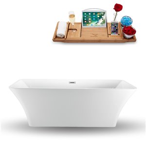 Streamline 32W x 71L Glossy White Acrylic Bathtub and a Polished Chrome Center Drain with Tray