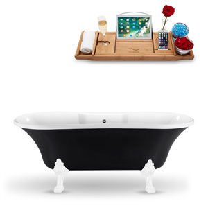 Streamline 34W x 68L Glossy Black Acrylic Clawfoot Bathtub with Glossy White Feet and Center Drain with Tray