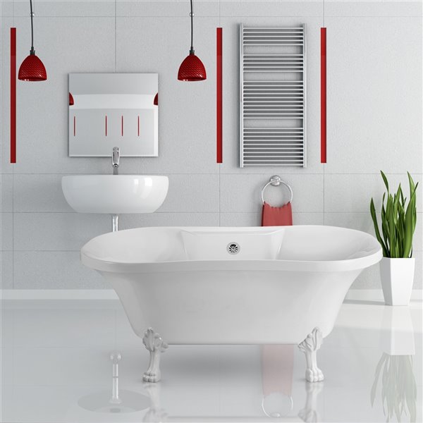 Streamline 32W x 60L Glossy White Acrylic Clawfoot Bathtub with Glossy White Feet and Center Drain with Tray