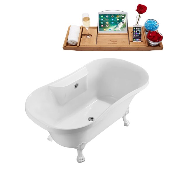Streamline 32W x 60L Glossy White Acrylic Clawfoot Bathtub with Glossy White Feet and Center Drain with Tray