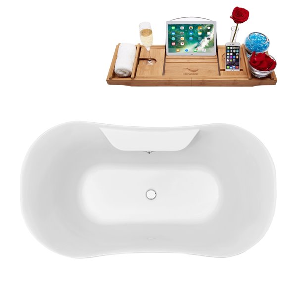 Streamline 32W x 60L Glossy White Acrylic Clawfoot Bathtub with Glossy White Feet and Center Drain with Tray