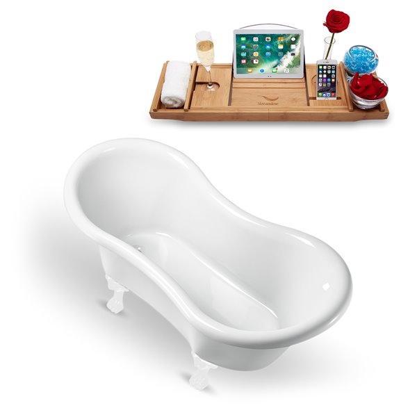 Streamline 31W x 62L Glossy White Acrylic Clawfoot Bathtub with Polished Chrome Feet and Reversible Drain with Tray