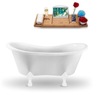 Streamline 31W x 62L Glossy White Acrylic Clawfoot Bathtub with Polished Chrome Feet and Reversible Drain with Tray