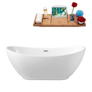 Streamline 28W x 62L Glossy White Acrylic Bathtub and a Polished Chrome Center Drain with Tray
