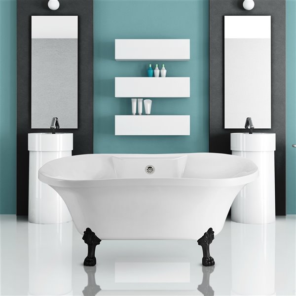 Streamline 32W x 60L Glossy White Acrylic Clawfoot Bathtub with Matte Black Feet and Center Drain with Tray