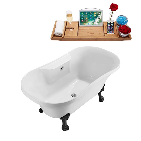 Streamline 32W x 60L Glossy White Acrylic Clawfoot Bathtub with Matte Black Feet and Center Drain with Tray
