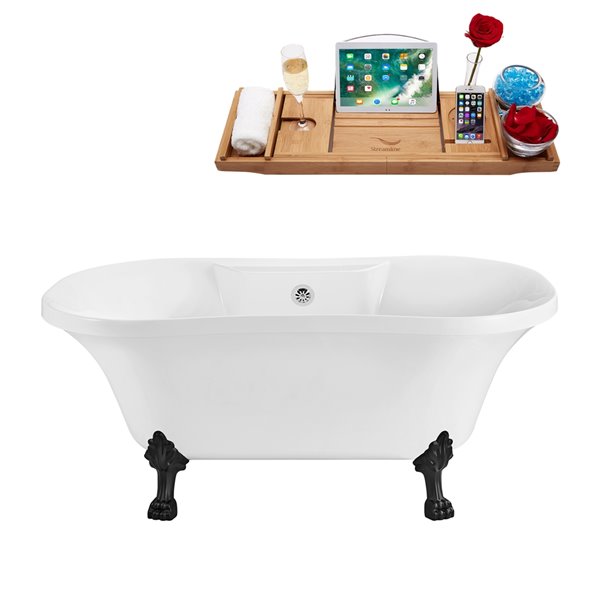 Streamline 32W x 60L Glossy White Acrylic Clawfoot Bathtub with Matte Black Feet and Center Drain with Tray