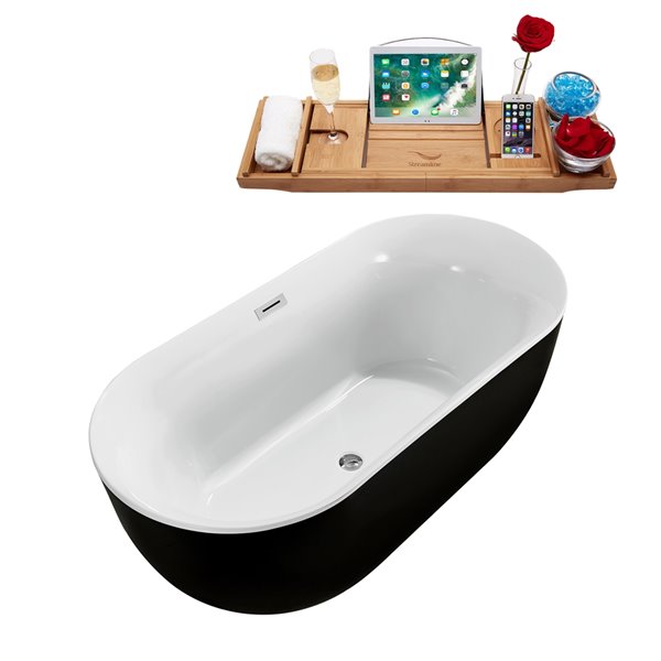 Baignoire en acrylique noir lustré Streamline de 31 po x 67 po avec drain centré chrome poli et plateau