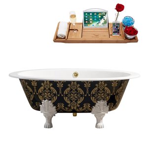 Baignoire de trempage sur pattes ovale en fonte de Streamline, trop-plein intégré, 35 po x 65 po, vert et or