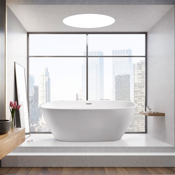 Streamline 28W x 59L Glossy White Acrylic Bathtub and a Polished Chrome Center Drain with Tray